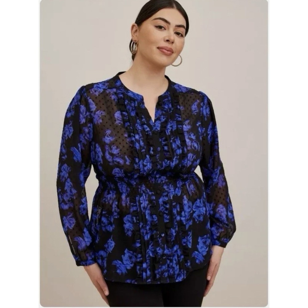 Torrid Blouse Shirt 3X Floral Chiffon Clip Dot Button Up Ruffle Royal Blue Boho